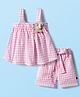 Dew Drops Cotton Woven Sleeveless Checked Co-Ords Top & Shorts Set With Bear Applique - Pink