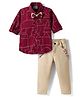 Dapper Dudes Woven Full Sleeves Printed Shirt & Trouser With Bow & Suspender - Maroon