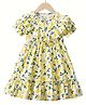 Bolly Lounge Cotton Blend Woven Half Sleeves Frill Detailed Leaves Printed Dress - Lemon & Light Yellow