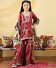 Cutiekins Cotton Blend Woven Three Fourth Sleeves Abstract Printed Lace Embellished Kurti & Sharara With Dupatta Set - Maroon & Gold