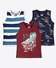 Ariel Cotton Knit Pack Of 3 Sleeveless Striped & Dinosaur Printed Tees - Multi Colour