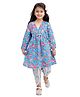 Little Ginnie Cotton Woven Full Sleeves Floral Printed Gota Lace Embellished Kurti & Sharara Set - Blue