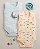 BUMZEE Cotton Knit Sleeveless Aeroplane & Panda  Printed Onesies Pack of 2 - Light Blue & Peach
