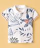 Ruff Cotton Knit Half Sleeves Polo T-Shirt with Tropical Theme Print - White