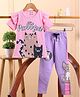 Little Marine Cotton Blend Knit Half Sleeves Cats Printed Tee & Pant Set - Pink & Lavender