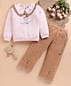 I Love Mom Cotton Knit Full Sleeves Floral Embroidered Winter Sweatshirt & Pant Set - Brown