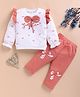 I Love Mom Cotton Knit Full Sleeves Bow Applique Detailed  Winter Sweatshirt & Pant Set - Orange