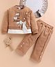 I Love Mom Cotton Knit Full Sleeves Puppy Embroidered & Bow Applique Detailed Top & Pants Set - Brown