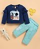 I Love Mom Cotton Knit Full Sleeves Camera Printed Winter Sweatshirt & Pant Set - Sea Green