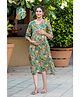 SWEETMOON Rayon Knit Three Fourth Sleeves Floral & Leaves Printed Maternity Dress With Side Zipper Nursing Access - Olive Green