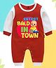 The Peppy Tend 100% Cotton Knit Full Raglan Sleeves Cute Bald In Town Text Printed Romper - Red & White