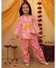 Superminis Cotton Woven Three Fourth Sleeves Bow Applique Detailed & Floral Printed Coordinating Asymmetrical Top & Pant Set - Pink