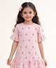 KIDSDEW Georgette Woven Half Frill Sleeves Floral Printed Dress - Pink