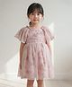 KIDSDEW Mesh Woven Half Flutter Sleeves Floral Embroidered Dress - Pink