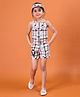 NUTTY BUTTY Cotton Blend Knit Sleeveless Checked & Bow Applique Detailed Top & Shorts Set With Cap - Cream