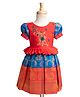Enfance Half Puffed Sleeves Stone & Beads Embellished Floral Swirl Printed Knee Length Pattu Pavadai Dress - Royal Blue