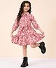 StyloBug Rayon Woven Three Fourth Sleeves Floral Printed Shirt Style Dress - Dark Peach