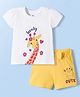 Doodle Poodle 100% Cotton Knit Half Sleeves Top & Shorts Set with Giraffe Print & Bow Applique - White & Yellow