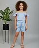 MAC WIN Linen Cold Shoulder Sleeveless Butterflies Embroidered Coordinating Top & Shorts Set - Blue