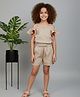 MAC WIN Linen Cold Shoulder Sleeveless Butterflies Embroidered Coordinating Top & Shorts Set -
