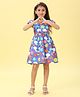 MAC WIN Cotton Woven Half Sleeves Rainbow & Floral Printed Dress - Blue