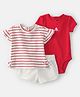 Carter's Cotton Knit Half Sleeves Striped Top & Shorts Set with Onesie - Red