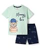 Mini Donuts Single Jersey Knit Half Sleeves T-Shirt & Shorts Set with Mommy's Hero Print - Sea Green