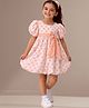 Lil' Drama Cotton Knit Half Puffed Sleeves Polka Dots Printed Bow Applique Detailed Dress - Orange