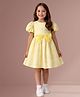 Lil' Drama Cotton Knit Half Puffed Sleeves Checked & Bow Applique Detailed Dress - Yellow