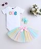 TINY MINY MEE Elastane Knit Half Sleeves One Text Embroidered Onesie & Tutu Skirt With Headband - Multi Colour