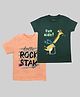 Etched Design 100% Cotton Knit Half Sleeves Rock Star Text & Guitar Printed Tees - Dark Green & Peach