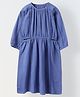 Spunkies Cotton Woven Full Sleeves Embroidered Trim Detailed Dress - Blue