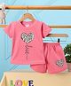 NUTTY BUTTY Sinker Knit Half Sleeves Heart & Love Text Printed Top & Shorts Set - Peach