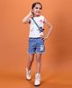 NUTTY BUTTY Denim Knit Sleeveless Sling Bag Applique Detailed Top & Shorts - White