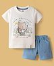 Pink Rabbit Sinker Knit Half Sleeves T-Shirt & Shorts Set with Bear Print - Blue