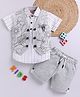 LTZ CLUB Cotton Blend Woven Half Sleeves Striped Shirt & Shorts With Floral Embroidered Waistcoat Set - Grey