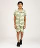 CHILINS Cotton Knit Half Sleeves Tiger Printed Coordinating Shirt & Shorts Night Suit - Light Green