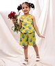 BownBee Pure Cotton Woven Sleeveless Monkey Printed & Bow Applique Detailed Top & Shorts Set - Mustard