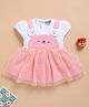 Wonderchild Half Puffed Sleeves Cat Faces Applique Detailed Knee Length Dress - White & Peach