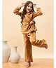 StyloBug Woven Full Sleeves Solid Tie Up Top & Pants Set -Brown