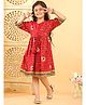 Kinder Kids Cotton Woven Three Fourth Sleeves Patola Printed Dress - Red