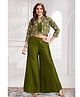 Lagorii Silk Woven Top & Palazzo Set With Full Sleeves Floral Embroidered Jacket - Green