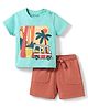 Babyoye 100% Cotton Knit Half Sleeves T-Shirt & Shorts Set With Tree & Car Print - Sea Green & Orange
