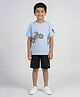 Kiddopanti Cotton Knit Half Drop Shoulder Sleeves Bike Printed Tee & Shorts Set - Light Blue & Black