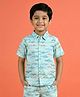 Kiddopanti Cotton Woven Half Sleeves Leaves Printed Shirt - Aqua Blue