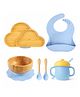 Myneemoe Bamboo Baby Feeding Set with Cloud Suction Plate, Bowl, Spoon, Fork, Silicone Bib & Training Cup - 6 Piece Set (6 Months+)