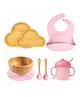 Myneemoe Bamboo Baby Feeding Set with Cloud Suction Plate, Bowl, Spoon, Fork, Silicone Bib & Training Cup - 6 Piece Set (6 Months+)