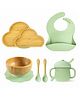 Myneemoe Bamboo Baby Feeding Set with Cloud Suction Plate, Bowl, Spoon, Fork, Silicone Bib & Training Cup - 6 Piece Set (6 Months+)