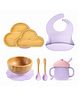 Myneemoe Bamboo Baby Feeding Set with Cloud Suction Plate, Bowl, Spoon, Fork, Silicone Bib & Training Cup - 6 Piece Set (6 Months+)