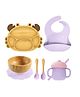 Myneemoe Bamboo Baby Feeding Set with Crab Suction Plate, Bowl, Spoon, Fork, Silicone Bib & Training Cup - 6 Piece Set (6 Months+)